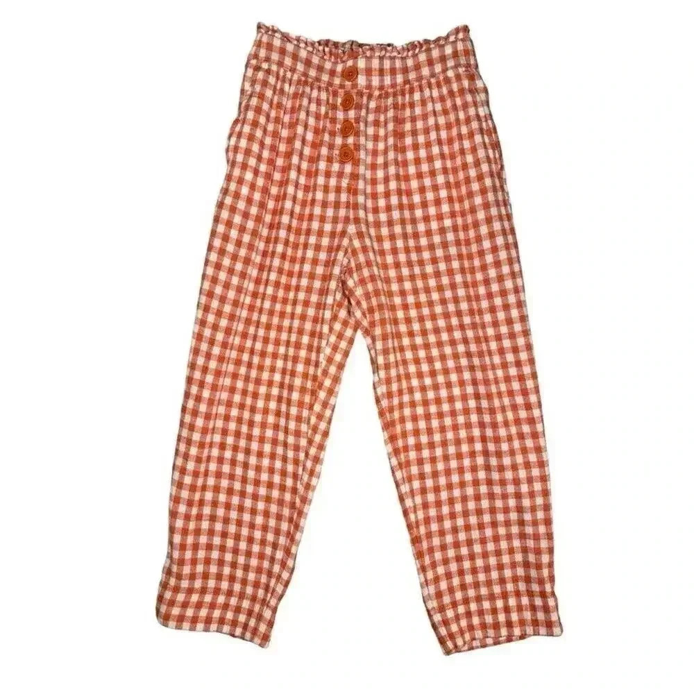 LOFT Outlet High Rise Straight Petite Size Small Linen Blend Orange White Plaid